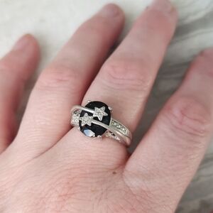 Black Onyx Sterling Silver Ring, 925 Shooting Star, Diamonique, Size 9
